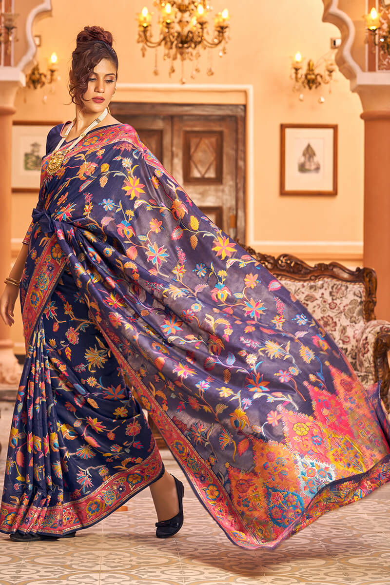 Exquisite Navy Blue Linen Silk Saree With Demure Blouse Piece