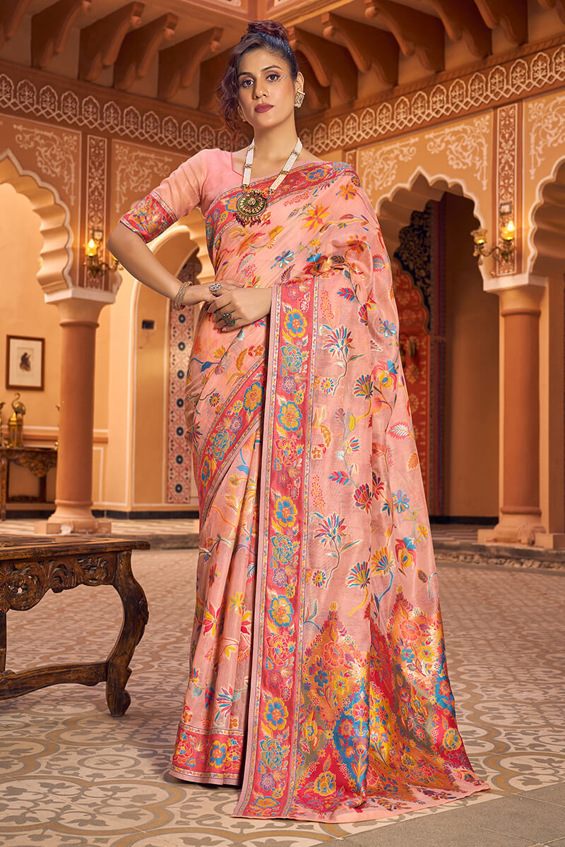 Denouement Peach Linen Silk Saree With Propinquity Blouse Piece