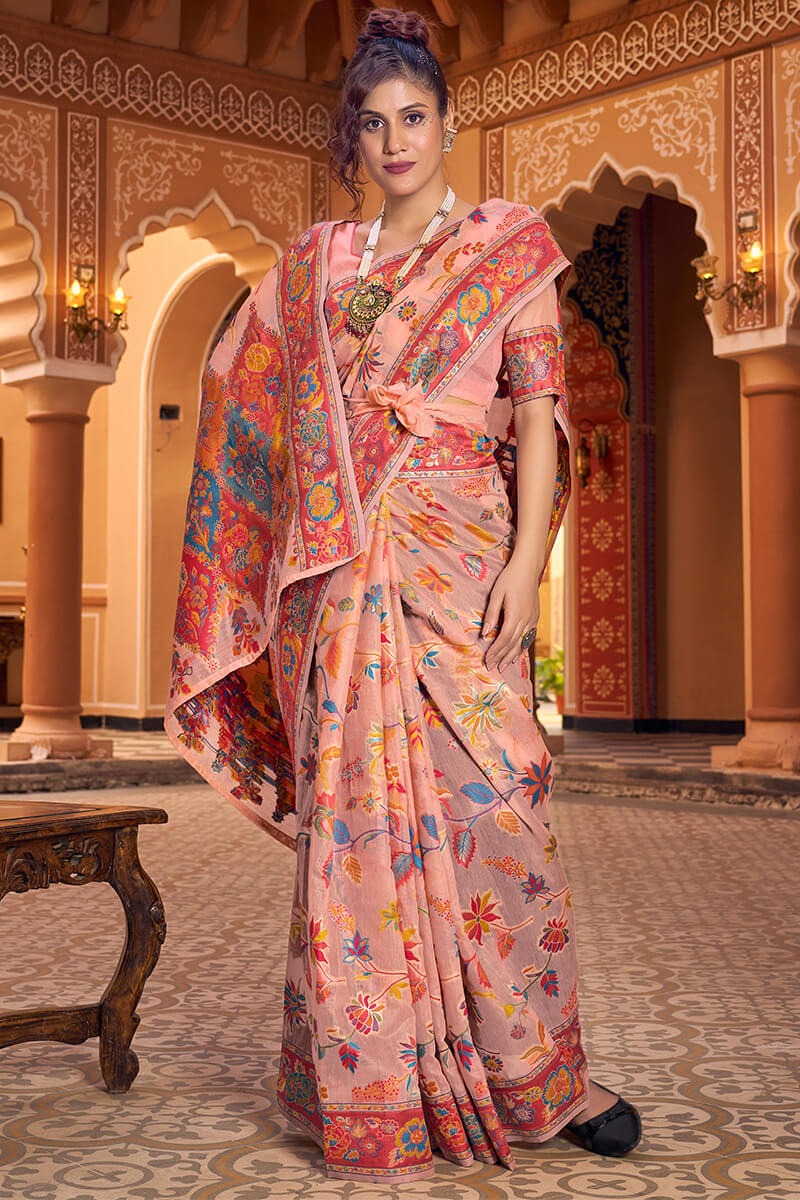 Denouement Peach Linen Silk Saree With Propinquity Blouse Piece