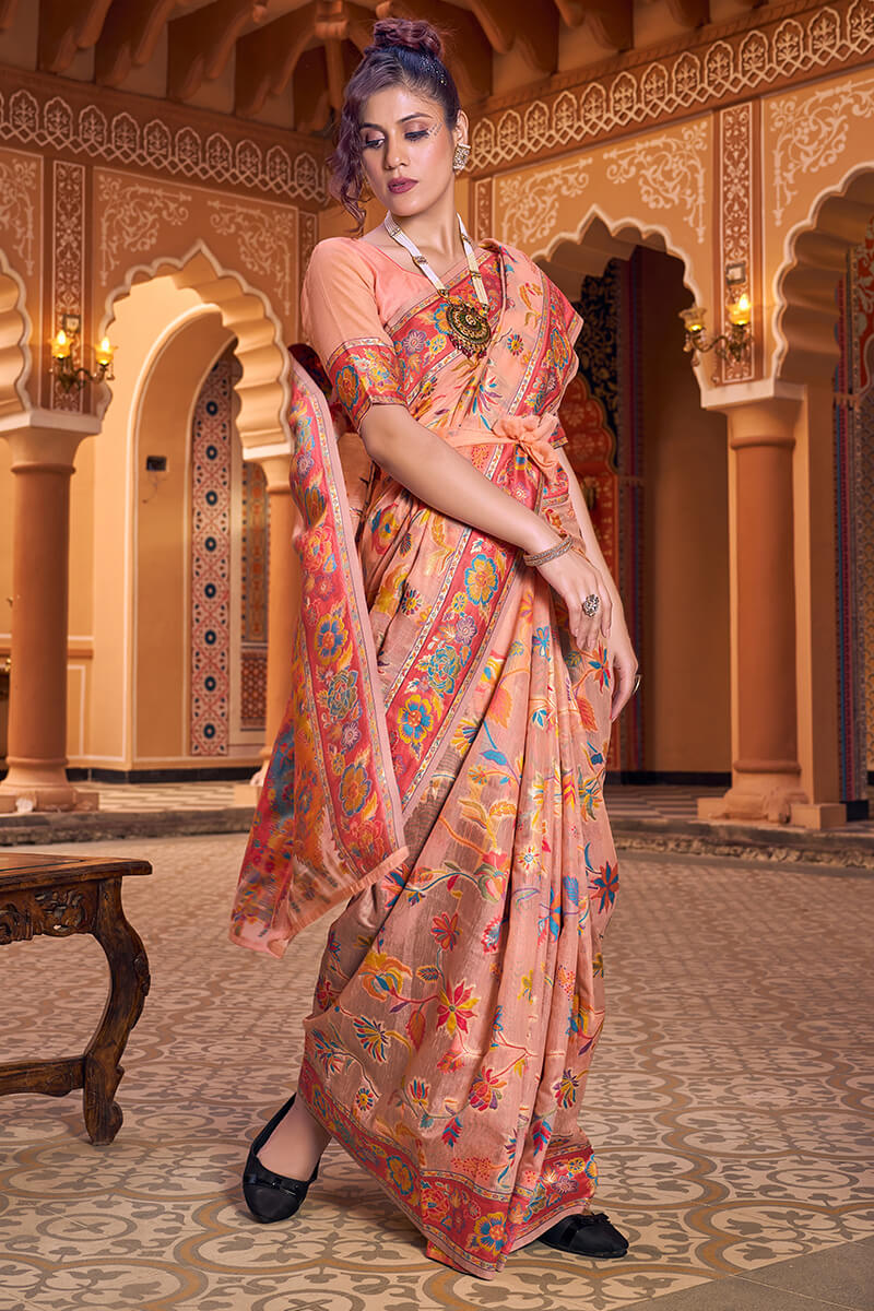 Denouement Peach Linen Silk Saree With Propinquity Blouse Piece