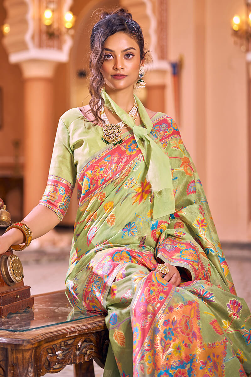 Magnetic Pista Linen Silk Saree With Petrichor Blouse Piece