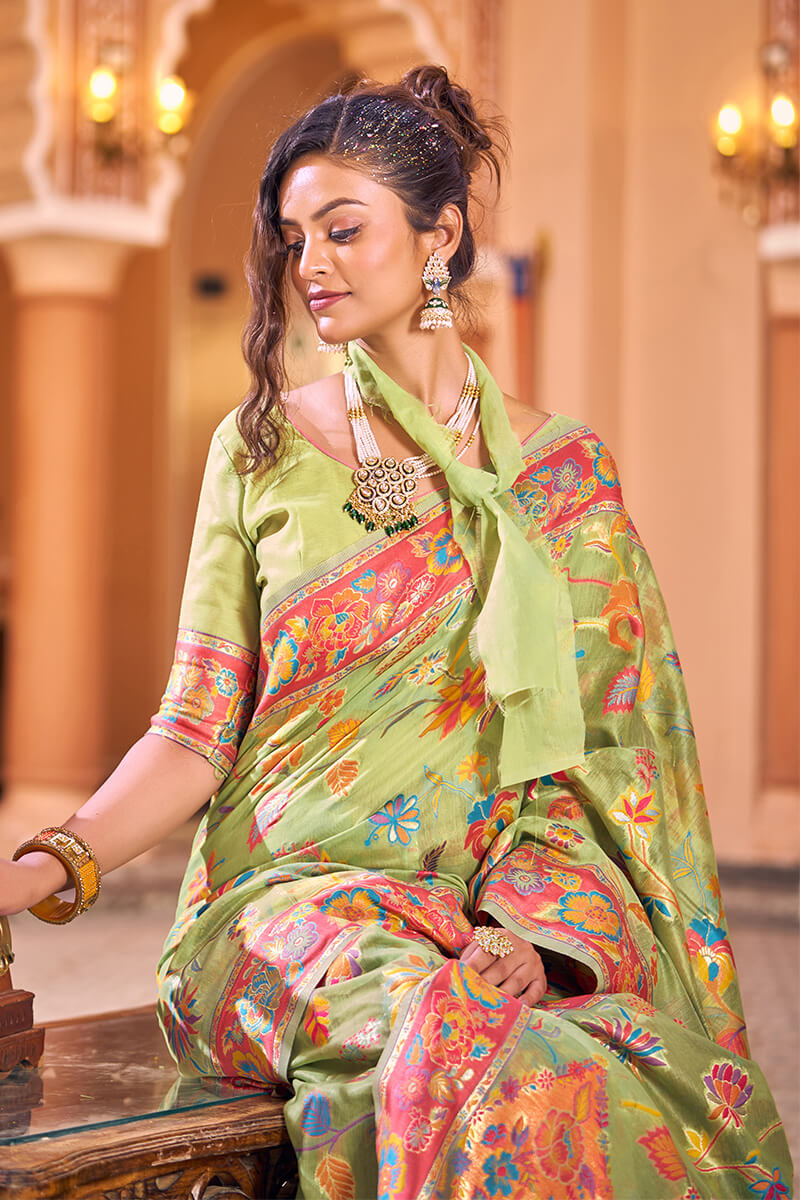 Magnetic Pista Linen Silk Saree With Petrichor Blouse Piece