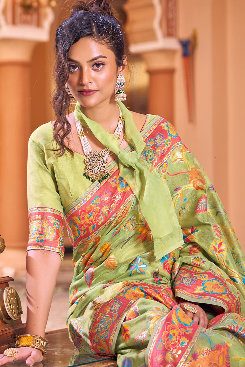 Magnetic Pista Linen Silk Saree With Petrichor Blouse Piece