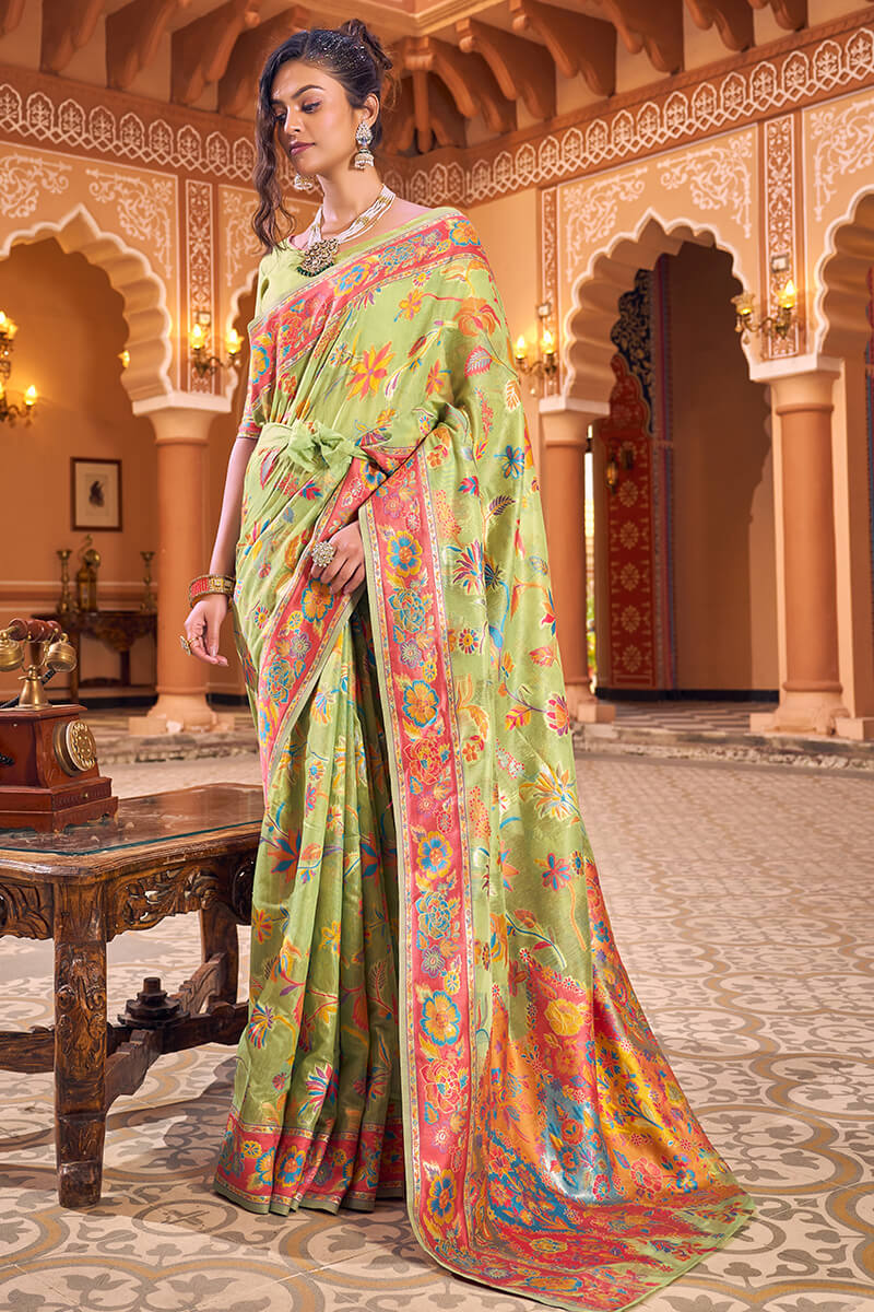 Magnetic Pista Linen Silk Saree With Petrichor Blouse Piece