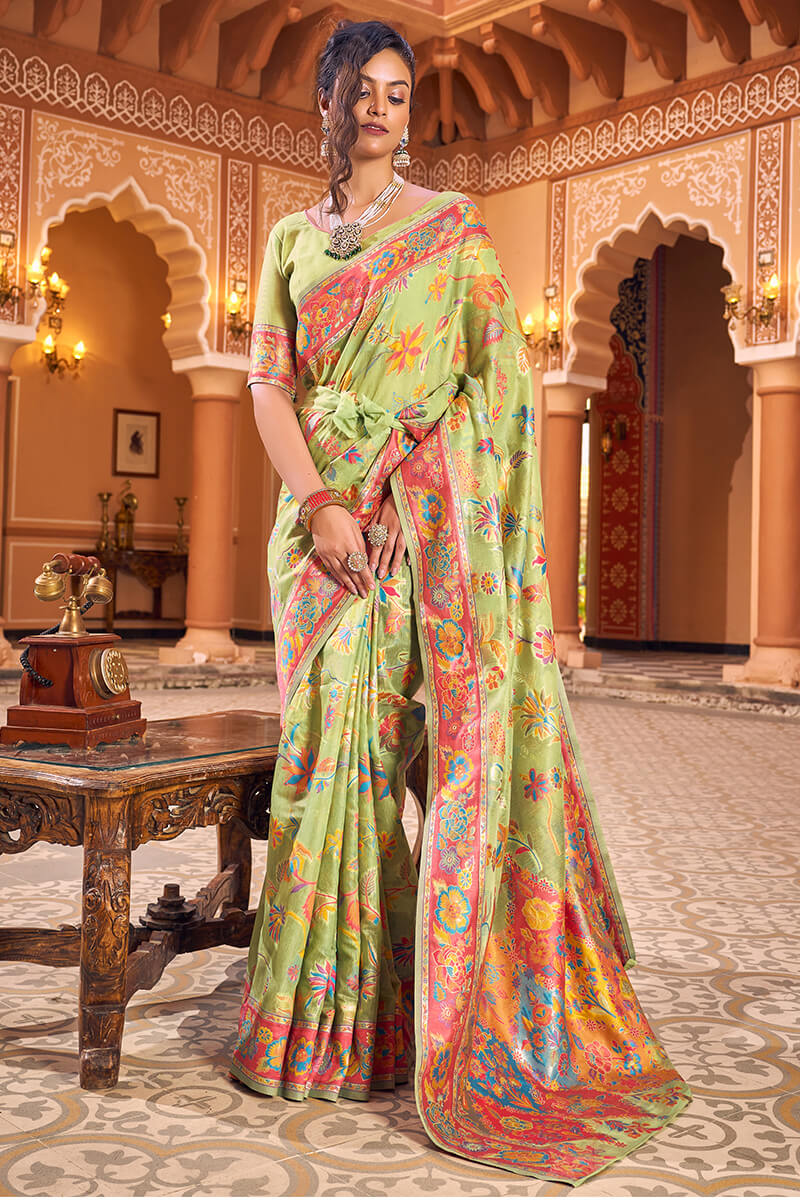 Magnetic Pista Linen Silk Saree With Petrichor Blouse Piece