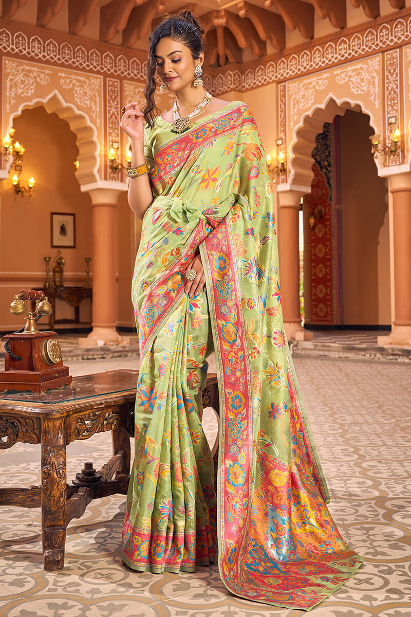 Magnetic Pista Linen Silk Saree With Petrichor Blouse Piece