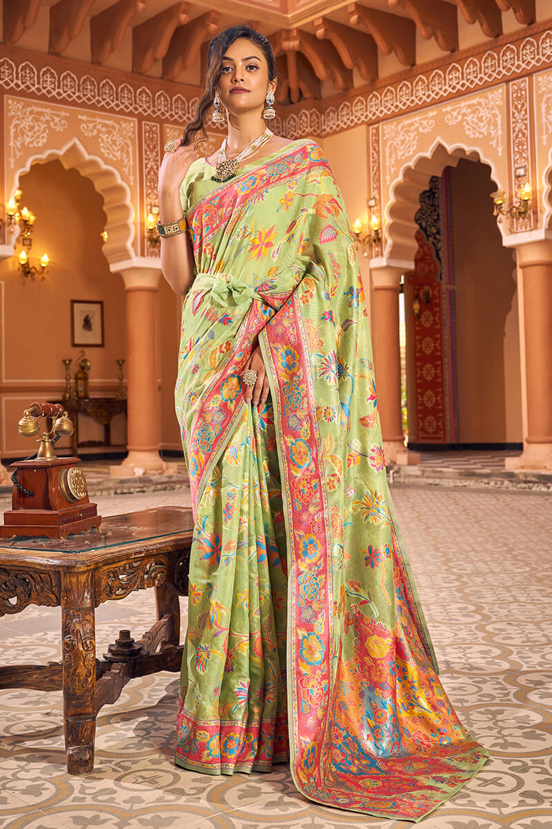 Magnetic Pista Linen Silk Saree With Petrichor Blouse Piece