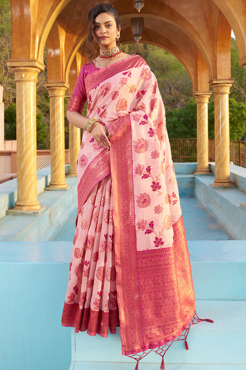 A glam Baby Pink Organza Silk Saree With Dalliance Blouse Piece