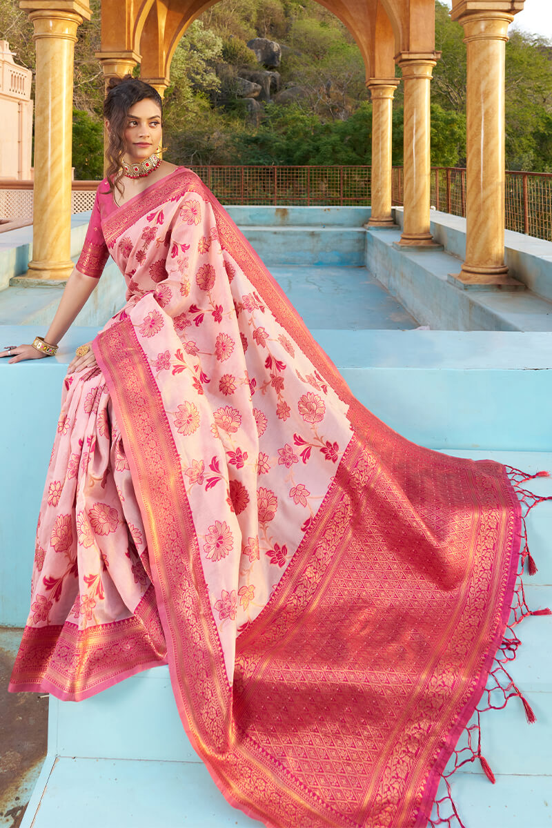 A glam Baby Pink Organza Silk Saree With Dalliance Blouse Piece