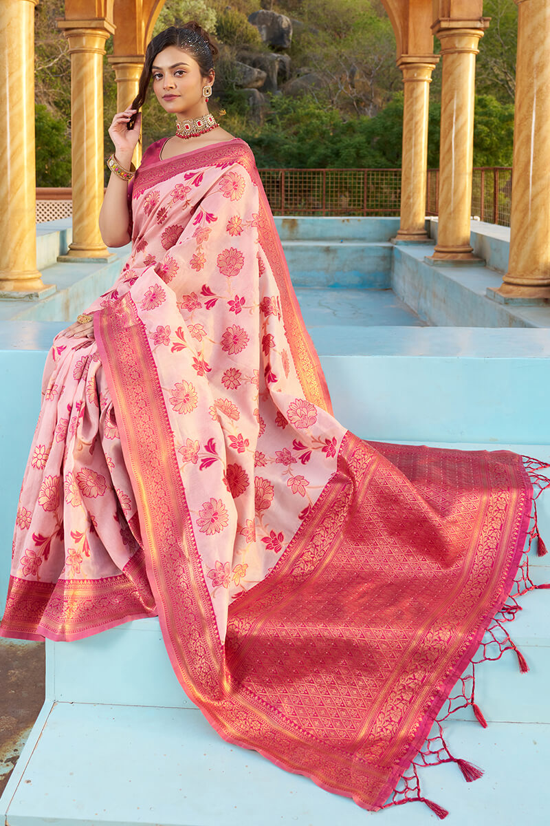 A glam Baby Pink Organza Silk Saree With Dalliance Blouse Piece