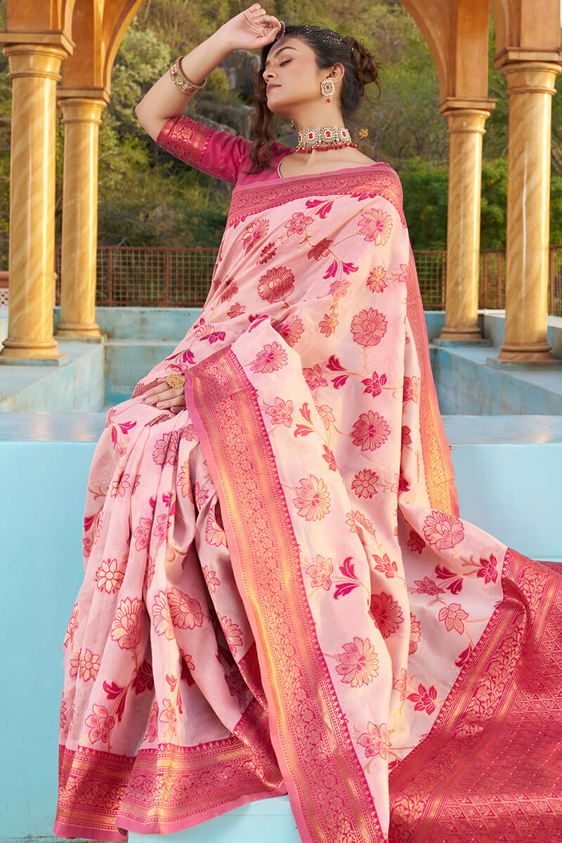 A glam Baby Pink Organza Silk Saree With Dalliance Blouse Piece