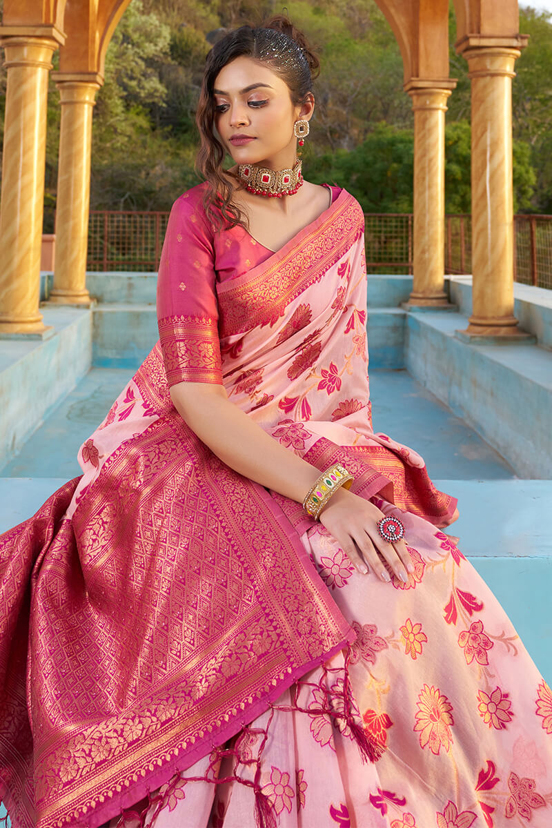 A glam Baby Pink Organza Silk Saree With Dalliance Blouse Piece