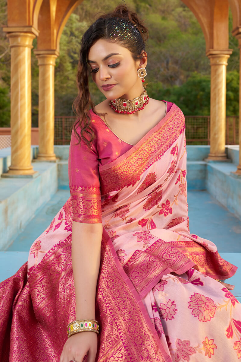 A glam Baby Pink Organza Silk Saree With Dalliance Blouse Piece