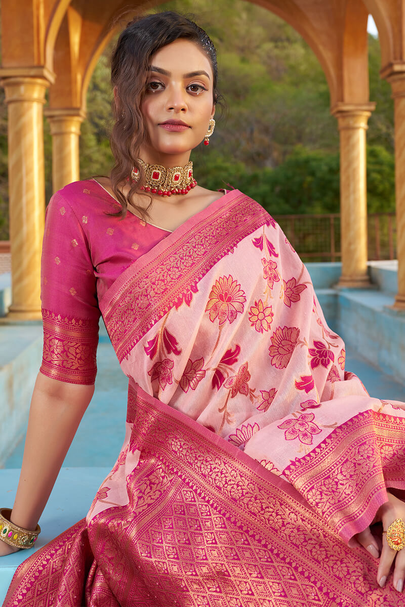 A glam Baby Pink Organza Silk Saree With Dalliance Blouse Piece