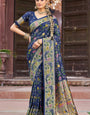 Smart Navy Blue Paithani Silk Saree With Moiety Blouse Piece