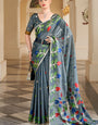 Designer Grey Cotton Silk Saree With Serendipity Blouse Piece