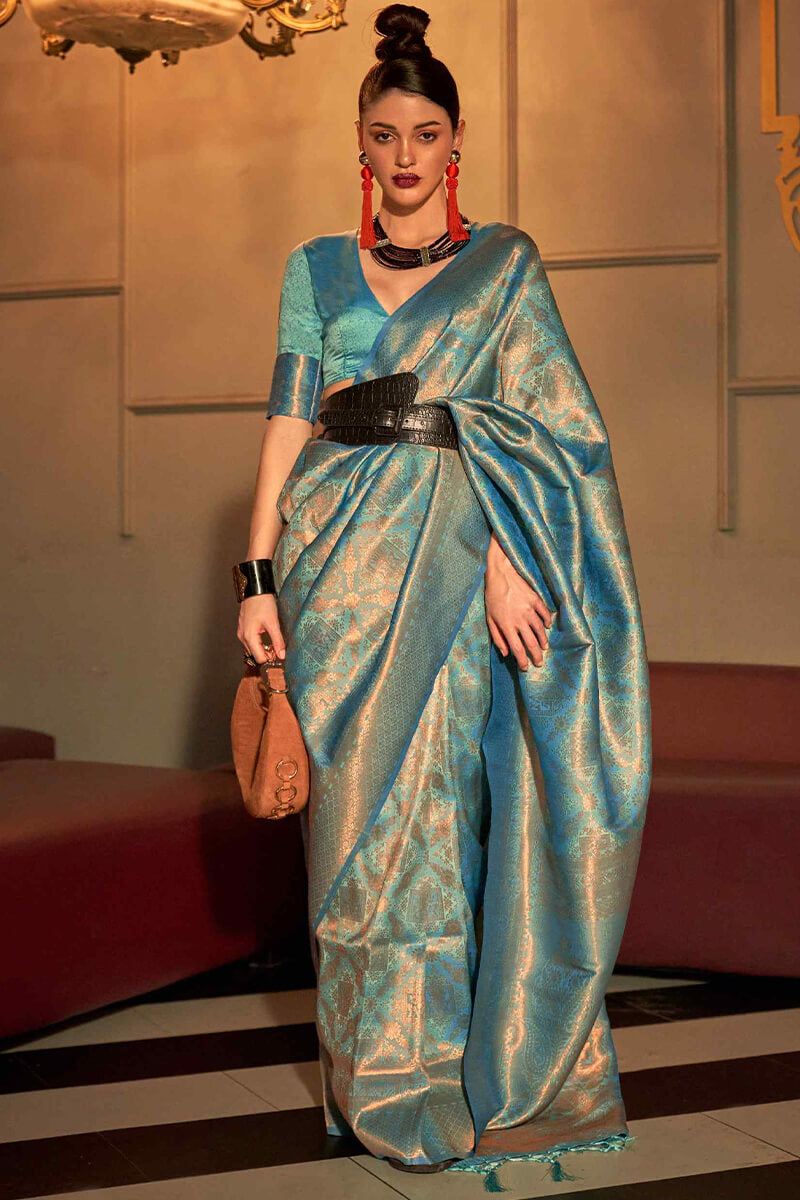 Delectable Turquoise Kanjivaram Silk Saree With Palimpsest Blouse Piece