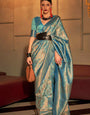 Delectable Turquoise Kanjivaram Silk Saree With Palimpsest Blouse Piece