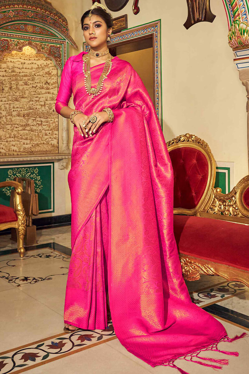 An insanely Dark Pink Kanjivaram Silk Saree With Bucolic Blouse Piece