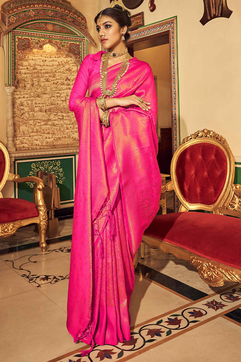 An insanely Dark Pink Kanjivaram Silk Saree With Bucolic Blouse Piece