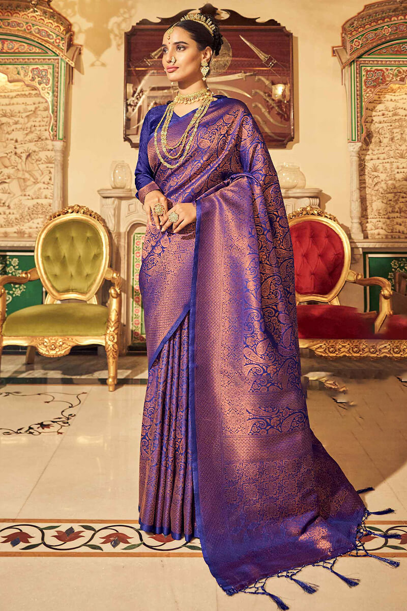 Fairytale Royal Blue Kanjivaram Silk Saree With Chatoyant Blouse Piece