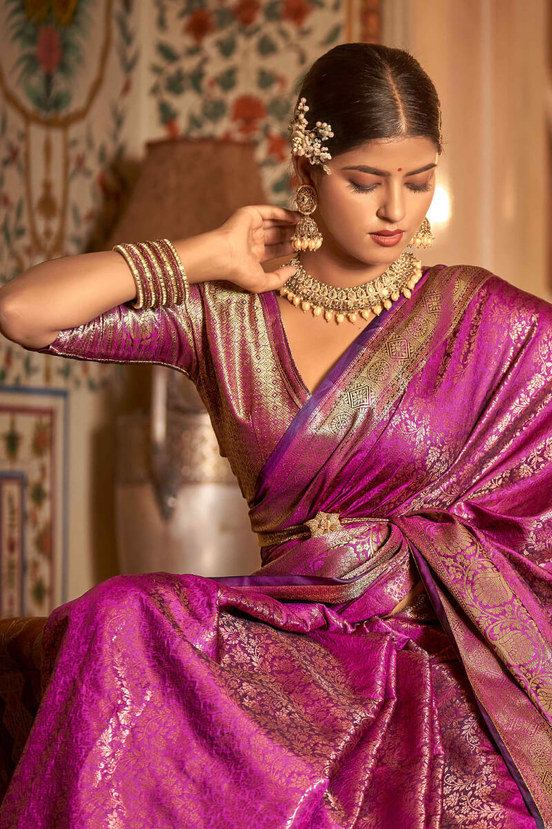 Seraglio Purple Kanjivaram Silk Saree With Lagniappe Blouse Piece