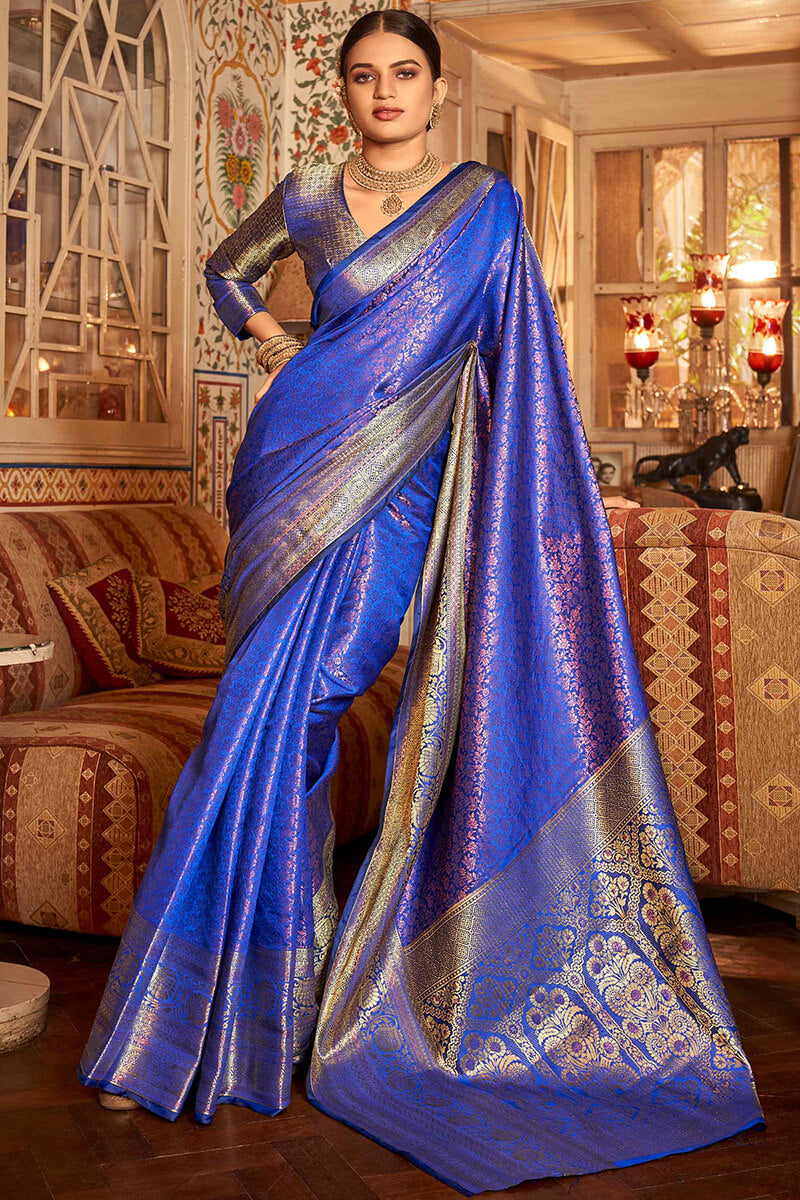 Most Flattering Royal Blue Kanjivaram Silk Saree With Brood Blouse Piece