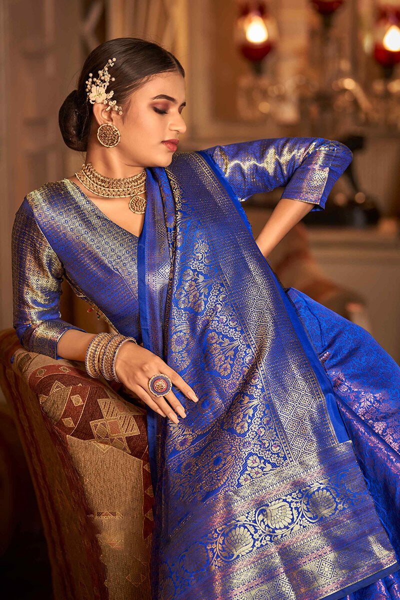 Most Flattering Royal Blue Kanjivaram Silk Saree With Brood Blouse Piece