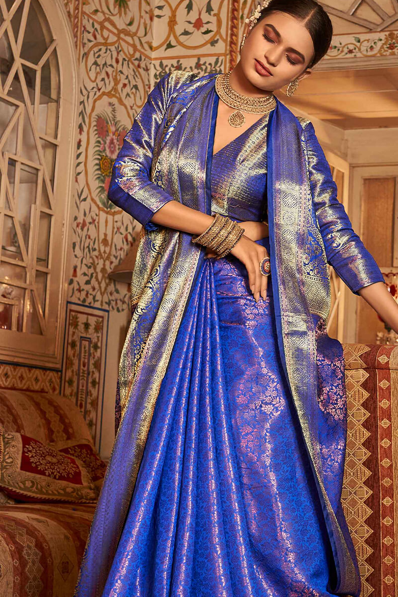 Most Flattering Royal Blue Kanjivaram Silk Saree With Brood Blouse Piece