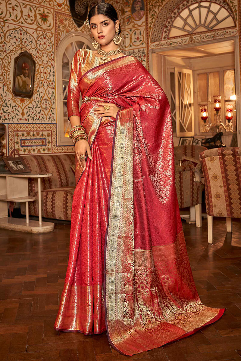 Scintilla Red Kanjivaram Silk Saree With Gossamer Blouse Piece