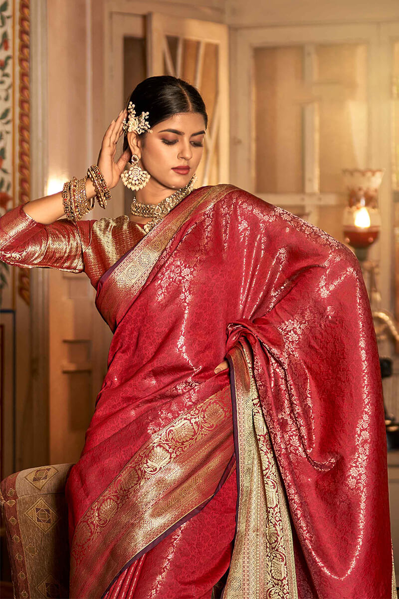 Scintilla Red Kanjivaram Silk Saree With Gossamer Blouse Piece