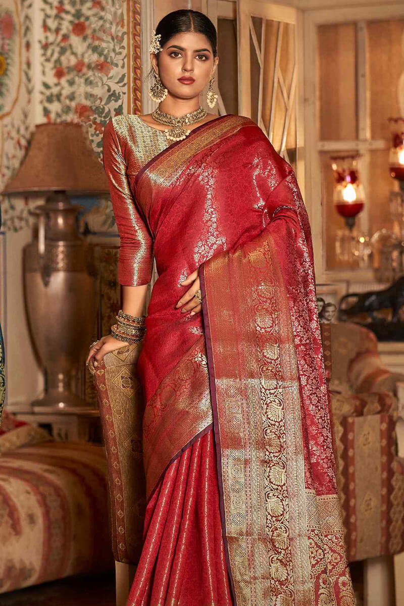 Scintilla Red Kanjivaram Silk Saree With Gossamer Blouse Piece