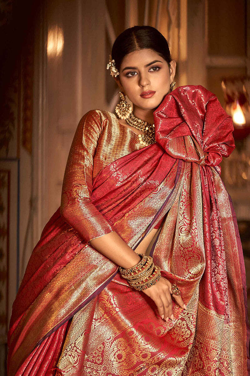 Scintilla Red Kanjivaram Silk Saree With Gossamer Blouse Piece