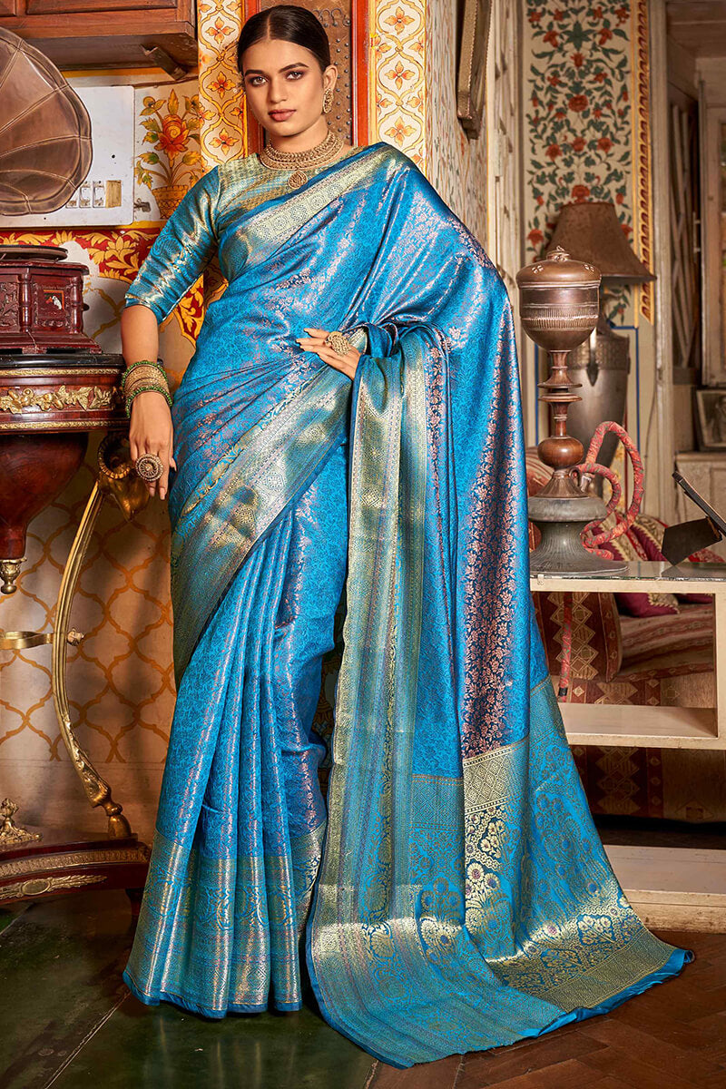 Ratatouille Firozi Kanjivaram Silk Saree With Forbearance Blouse Piece