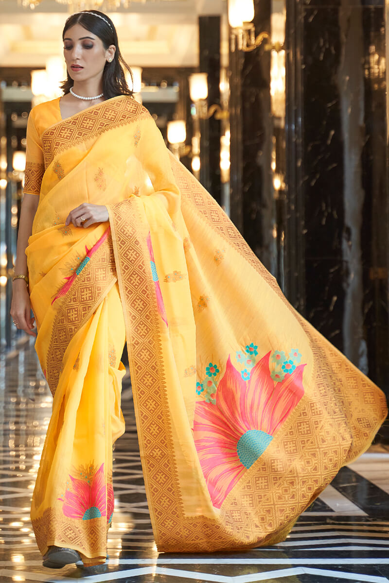 Propinquity Yellow Cotton Silk Saree With Evanescent Blouse Piece