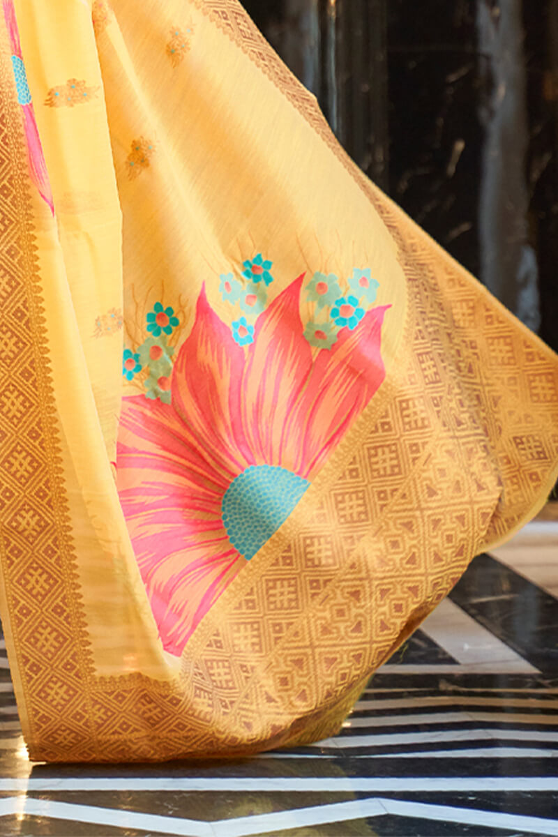 Propinquity Yellow Cotton Silk Saree With Evanescent Blouse Piece