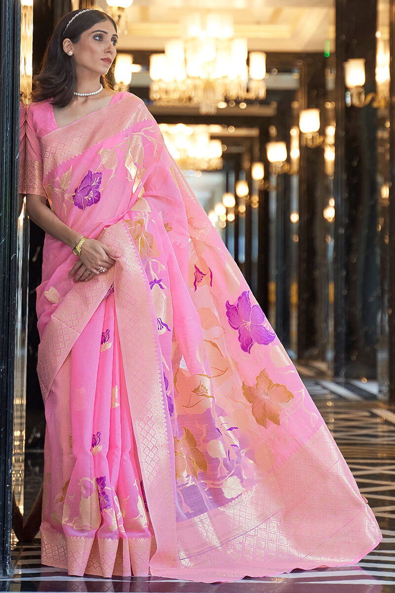 Palimpsest Pink Cotton Silk Saree With Embrocation Blouse Piece