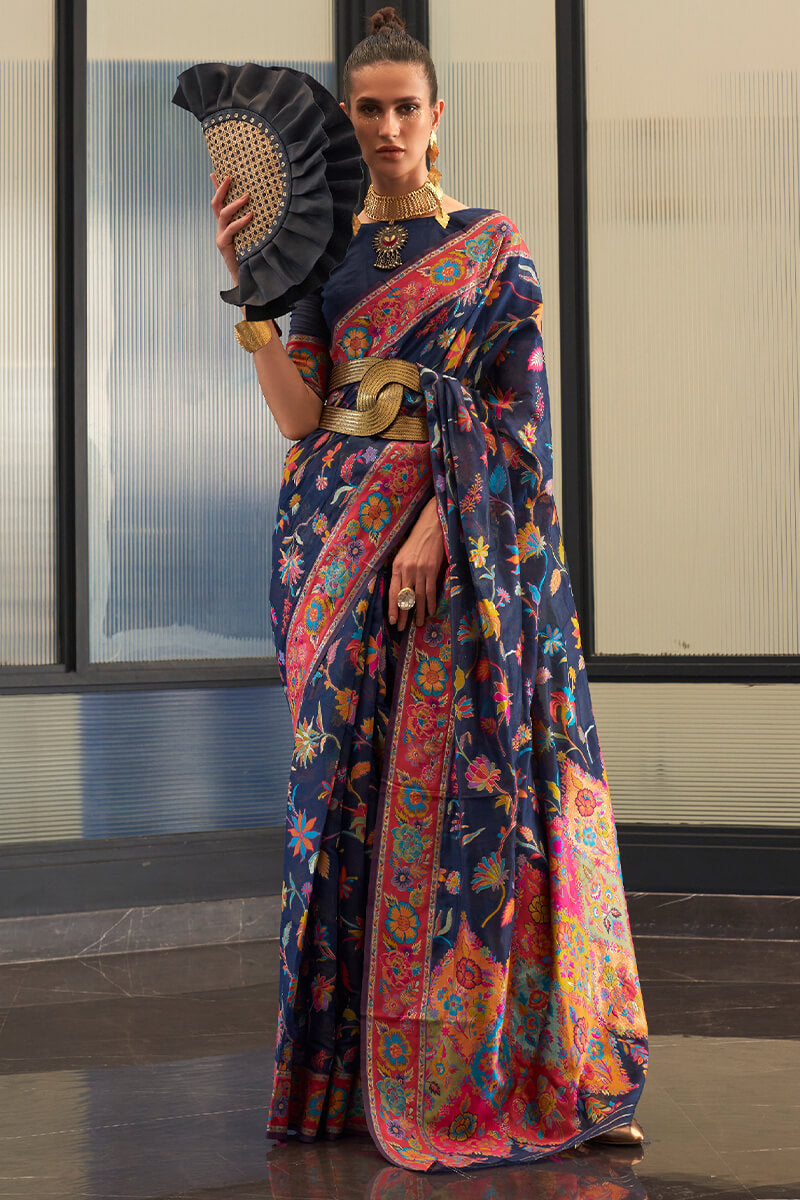 Fancifull Navy Blue Cotton Silk Saree With Bewitching Blouse Piece