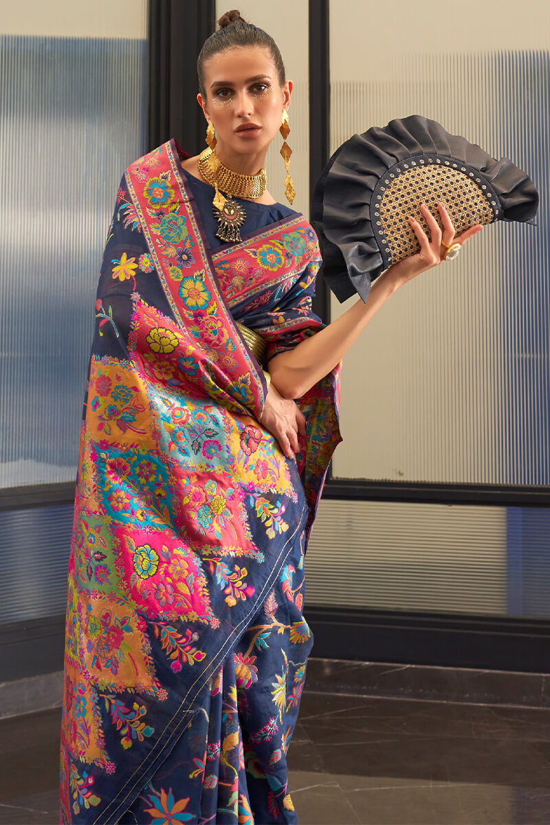 Fancifull Navy Blue Cotton Silk Saree With Bewitching Blouse Piece