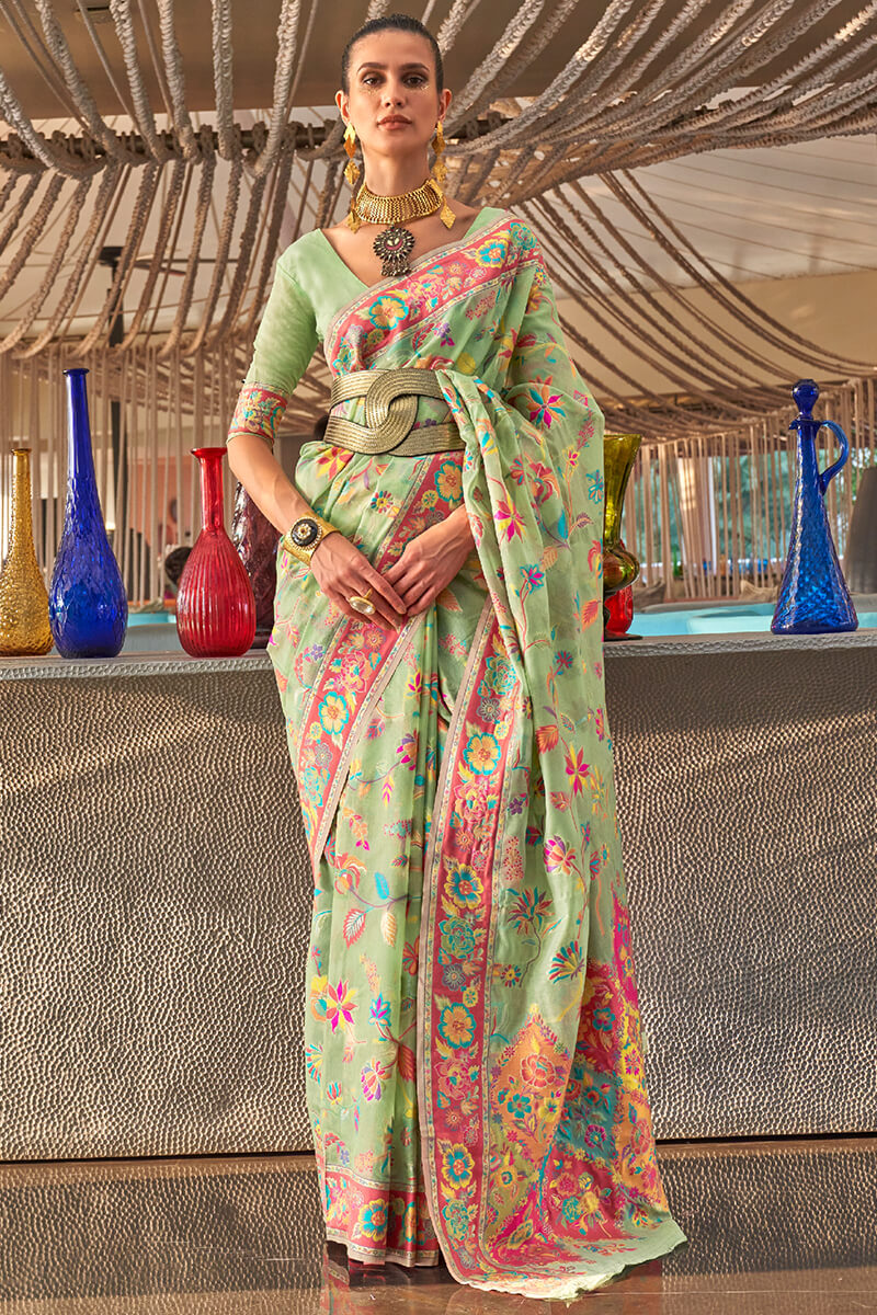 Murmurous Pista Cotton Silk Saree With Elision Blouse Piece