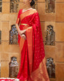 Fugacious Red Kanjivaram Silk Saree With Demure Blouse Piece