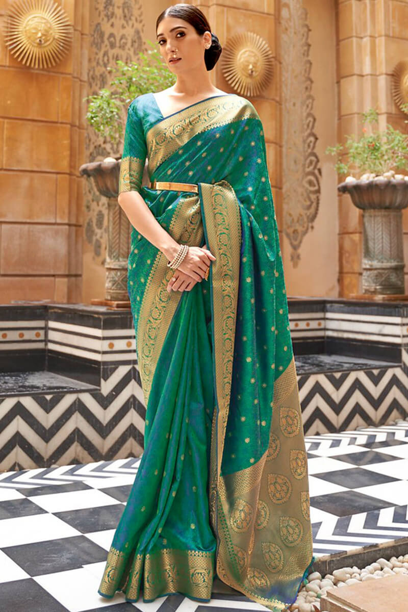 Forbearance Rama Kanjivaram Silk Saree With Demesne Blouse Piece