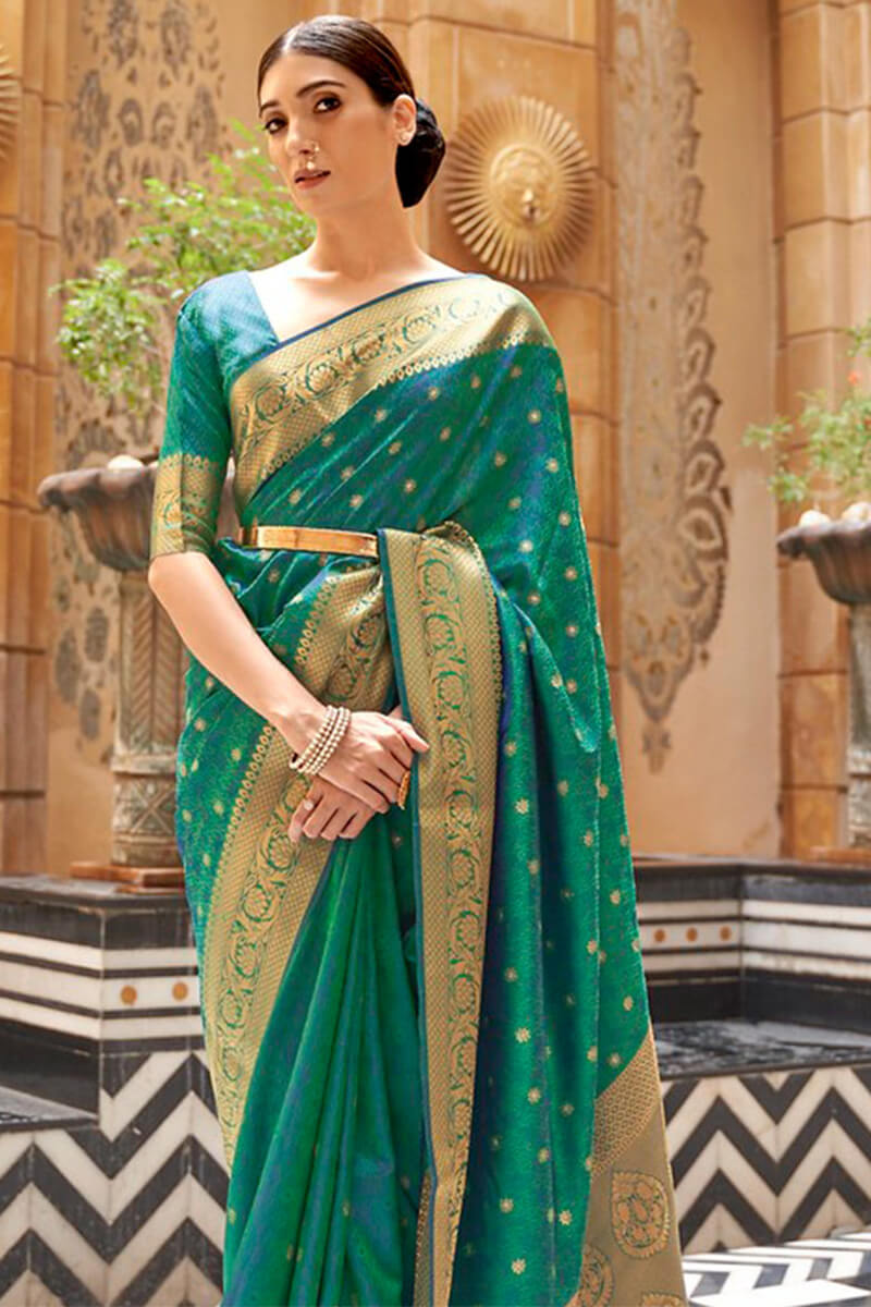 Forbearance Rama Kanjivaram Silk Saree With Demesne Blouse Piece