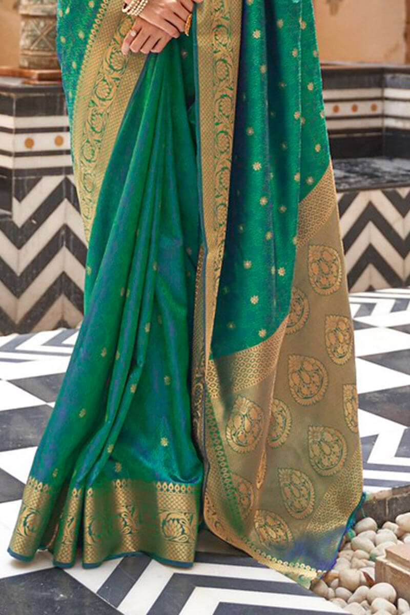 Forbearance Rama Kanjivaram Silk Saree With Demesne Blouse Piece