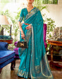 Embrocation Firozi Kanjivaram Silk Saree With Bucolic Blouse Piece