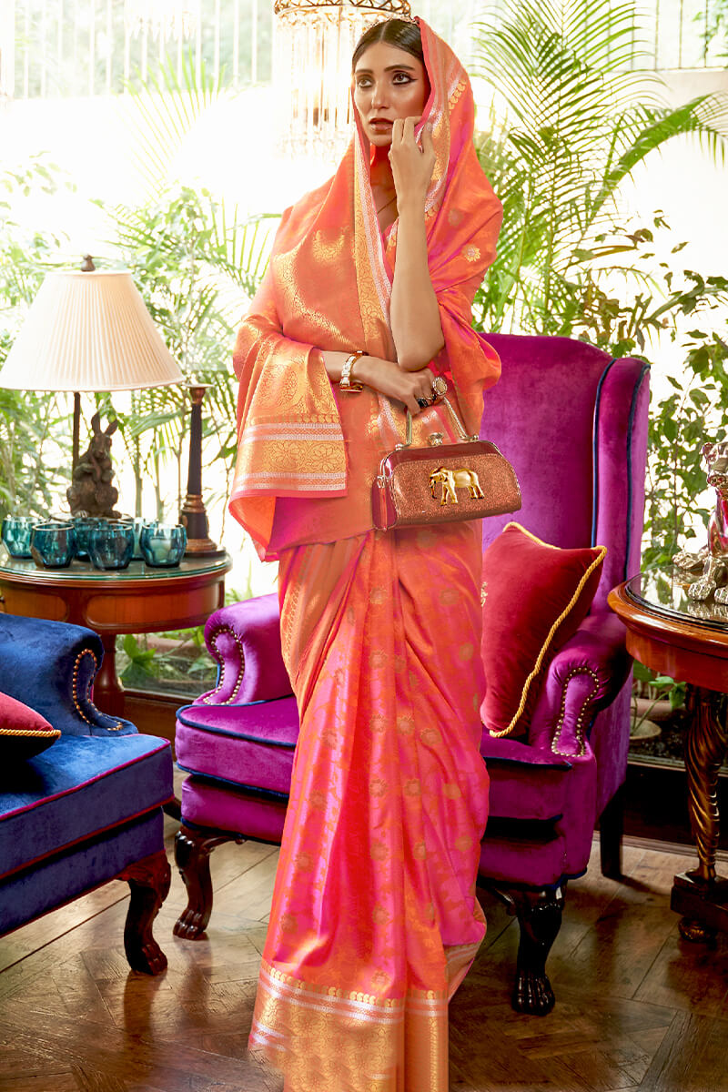 Evocative Peach Kanjivaram Silk Saree With Dalliance Blouse Piece