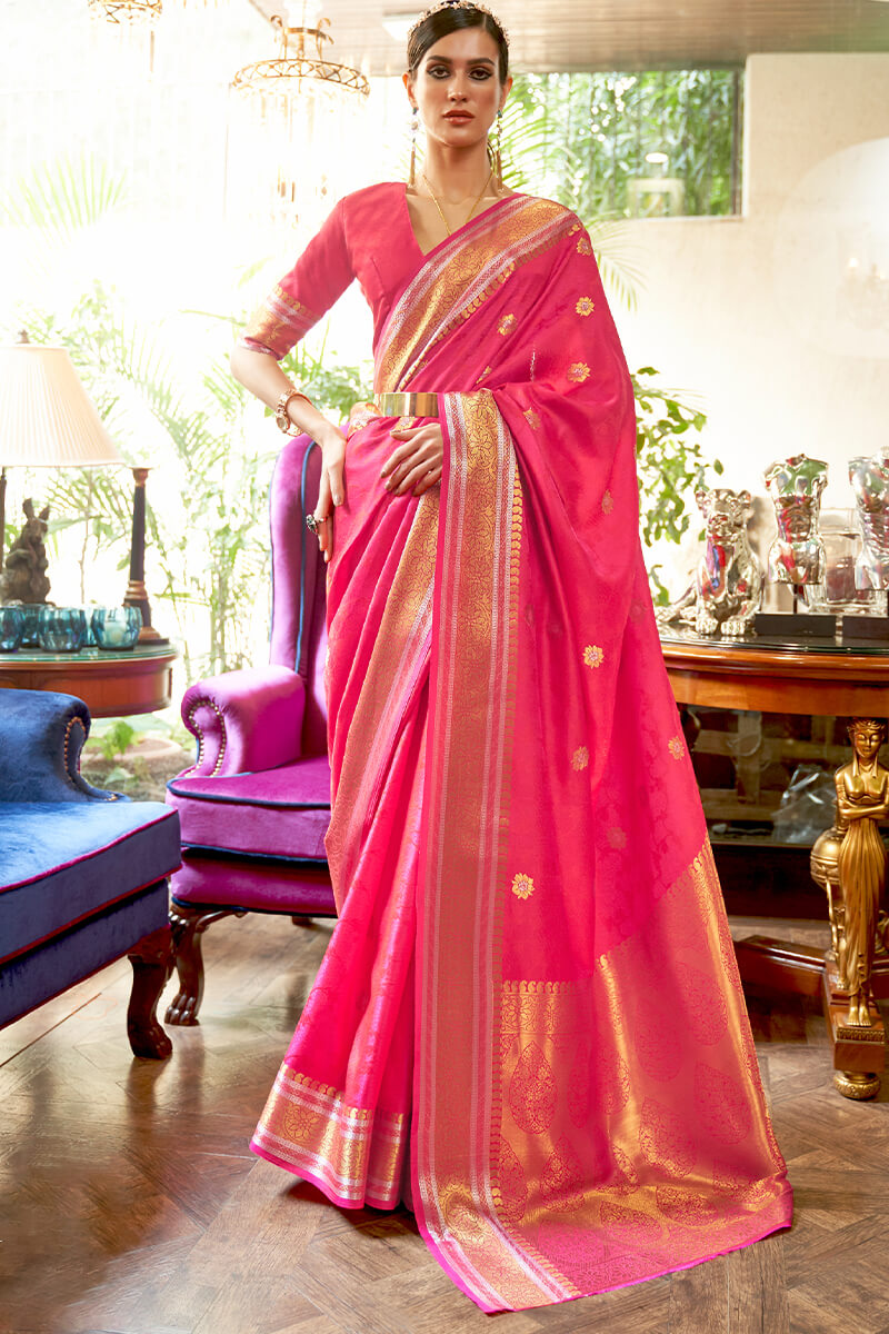 Delightful Dark Pink Kanjivaram Silk Saree With Angelic Blouse Piece