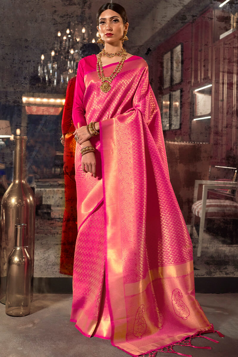 Brood Pink Kanjivaram Silk Saree With Super classy Blouse Piece