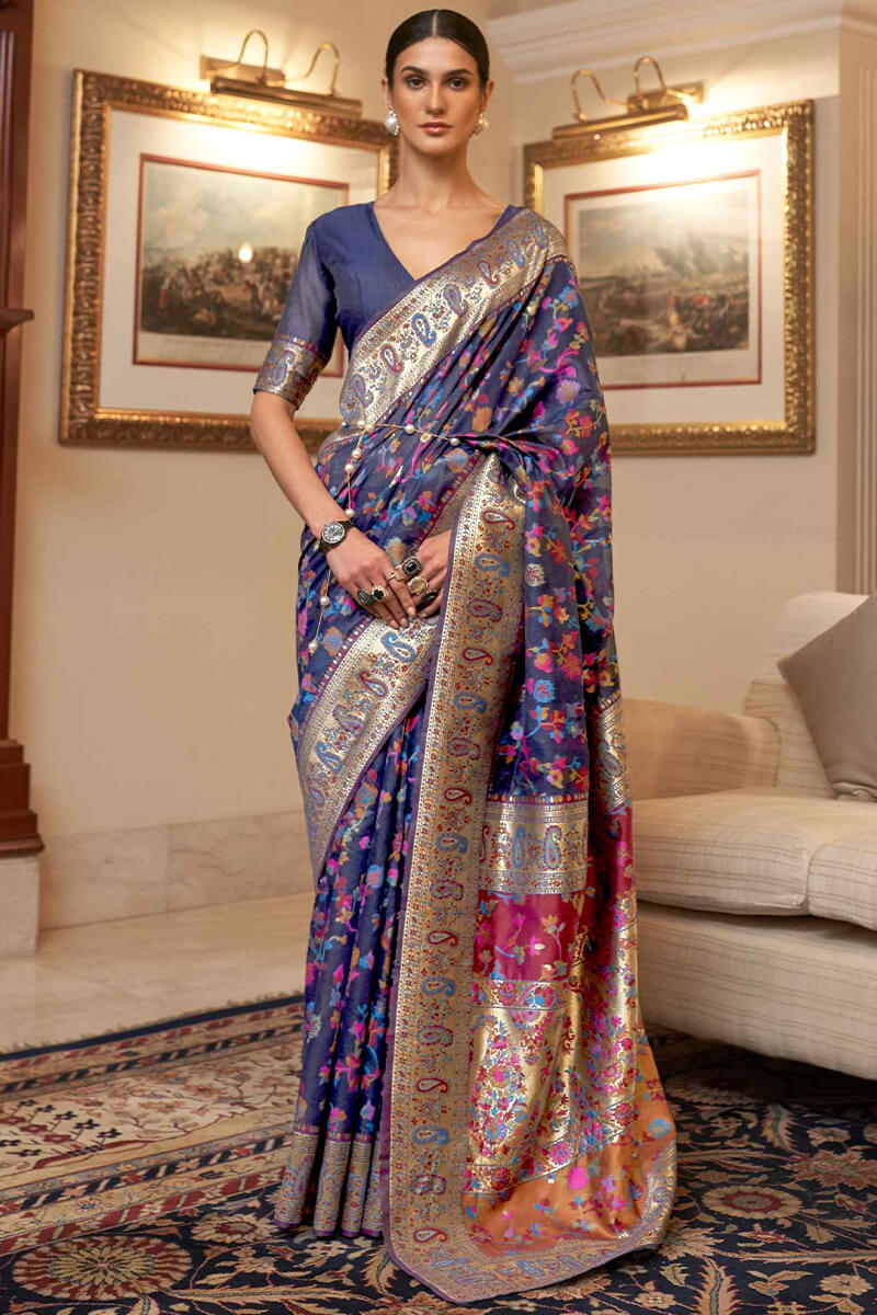 Beleaguer Navy Blue Pashmina saree With Exquisite Blouse Piece