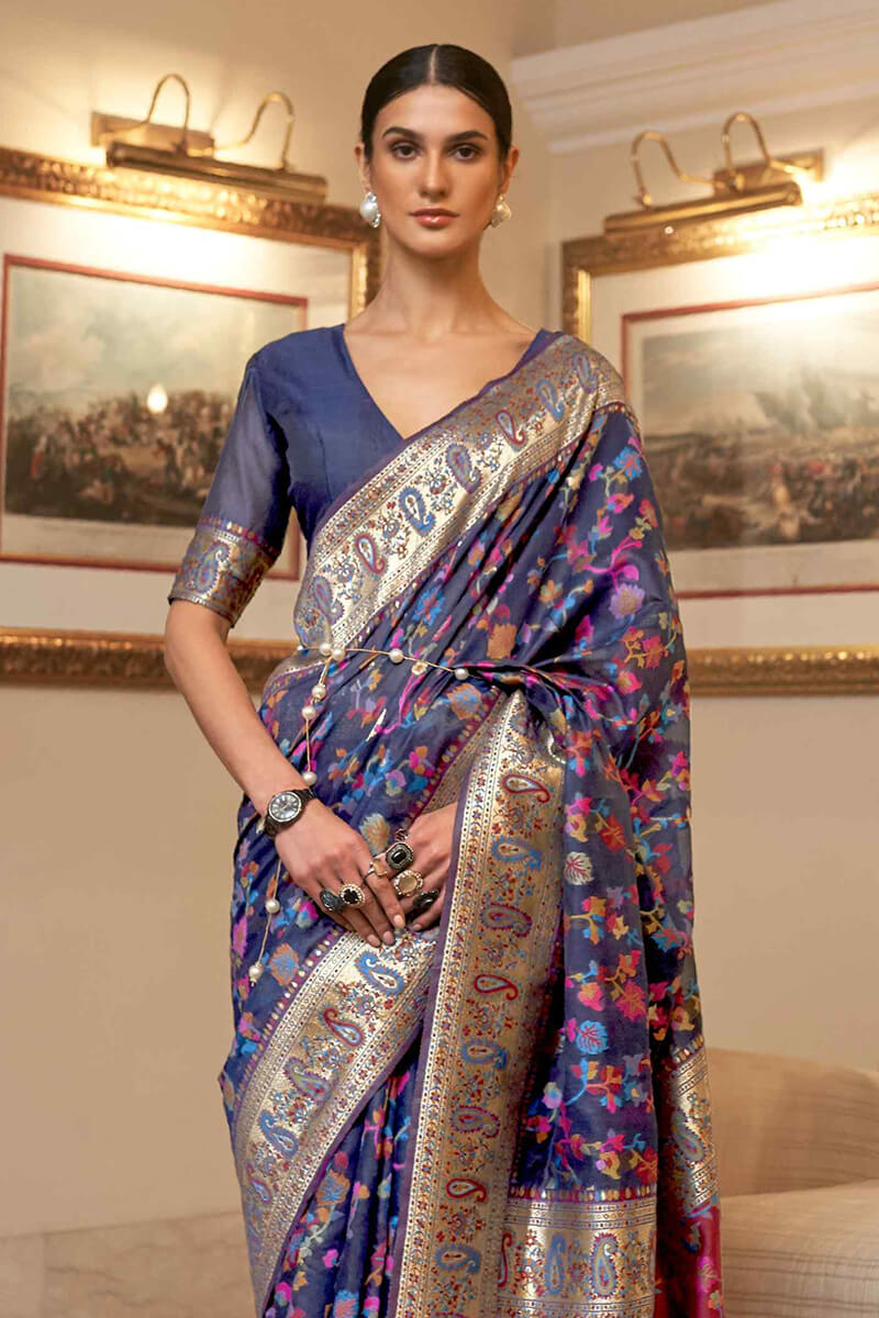 Beleaguer Navy Blue Pashmina saree With Exquisite Blouse Piece